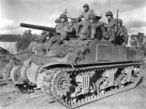 Sherman tank with infantry