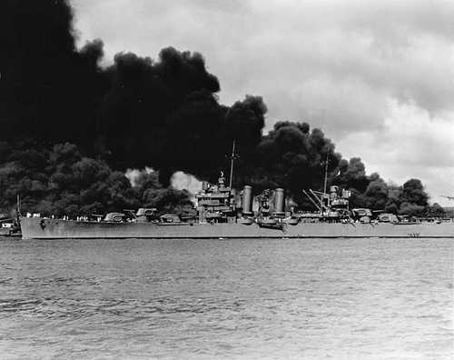 Passing the burning battleships