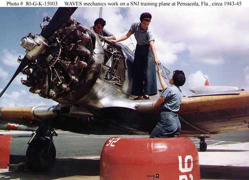 WAVES mechanics work on a SNJ training plane