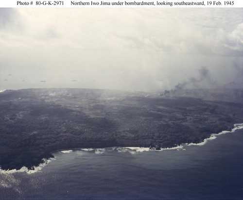 Northern Iwo Jima under bombardment, looking southeastward