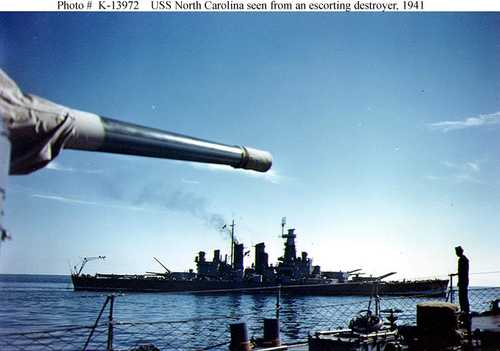 USS North Carolina seen from an escorting destroyer