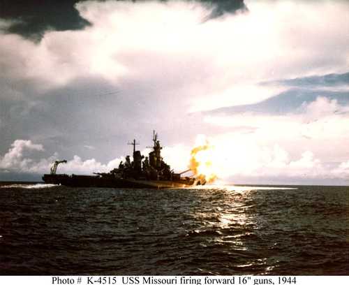 USS MIssouri firing forward 16&quot; guns