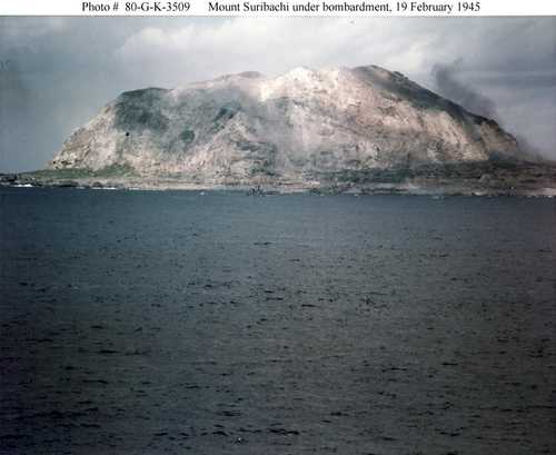 Mount Suribachi under bombardment
