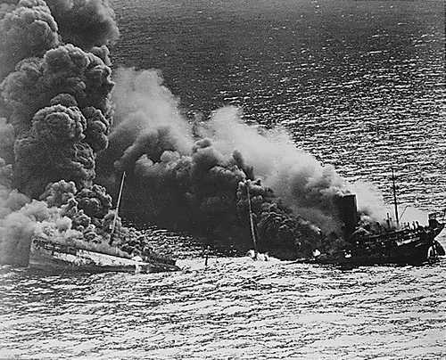 Allied tanker after being torpedoed