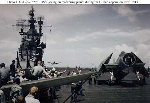 USS Lexington recovering planes during the Gilberts operation