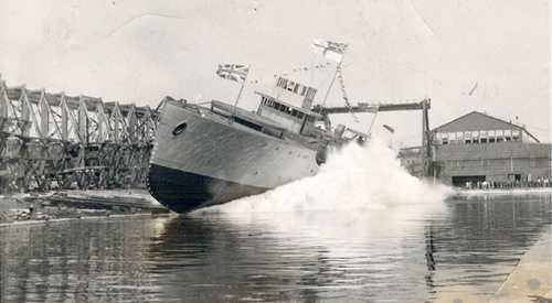 Launch of HMCS Rosthern at Port Arthur 1940