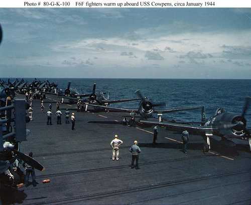 F6F Fighters warm up aboard USS cowpens