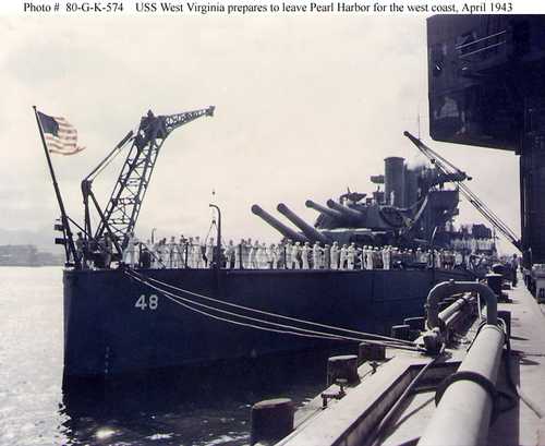 USS West Virginia prepares to leave Pearl Harbor