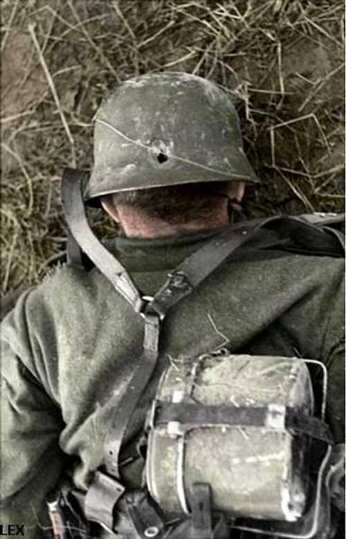 German soldier hit by Soviet sniper, 1942 (col.)