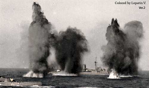 The battleship "Hood" under fire from French ships