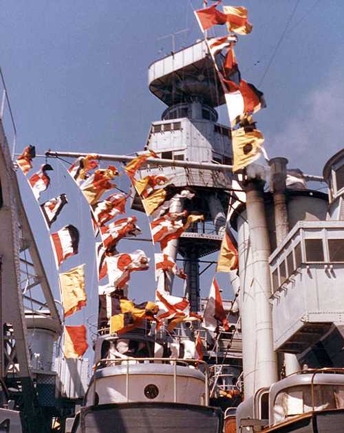 Deck flags on USS Texas tower