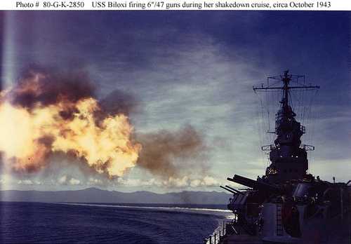USS Biloxi firing 6&quot;/47  guns during her shakedown cruise