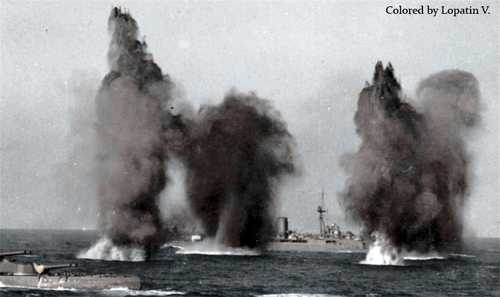 The battleship "Hood" under fire from French ships