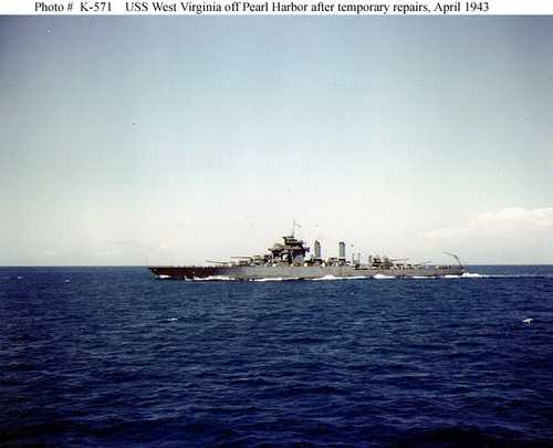USS West Virginia off Pearl Harbor after temporary repairs